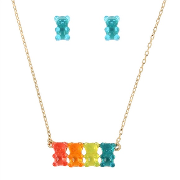 Betsey Johnson Gummy Bear Earrings & Necklace Set Gold Red Blue Yellow Orange - Picture 2 of 5